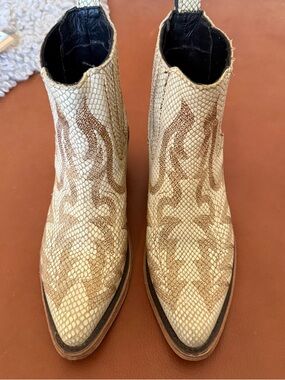 liberty Cream & Brown Embossed Western Ankle Booties